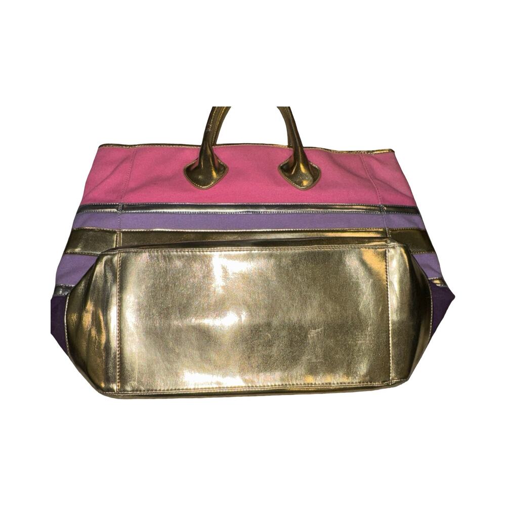 Isaac Mizrahi Canvas Beach Tote Gold Pink Purple Large - Picture 2 of 9